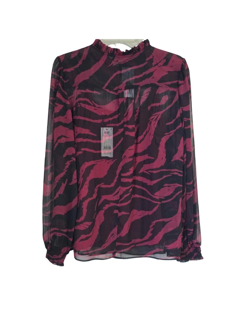 George Womens Burgundy Black Tiger Print Chiffon Ruffle Neck Blouse Size 14 NEW